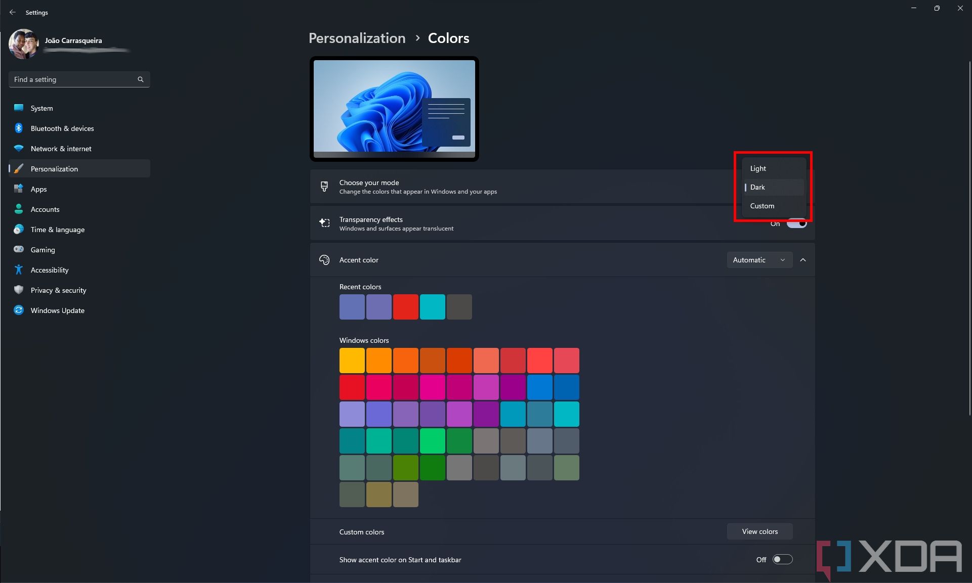 Screenshot of the Colors page in the Windows 11 Settings page, with the option to choose a light or dark mode highlighted.