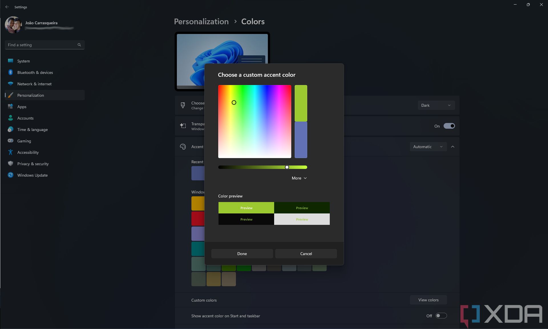 Screenshot of the custom color picker in the Windows 11 Settings app