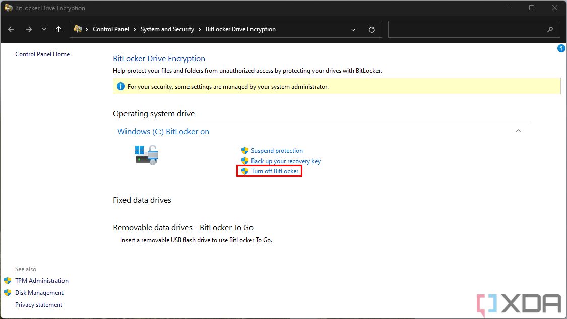Screenshot of BitLocker drive encryption page in Control Panel with the option to disable BitLocker encryption highlighted