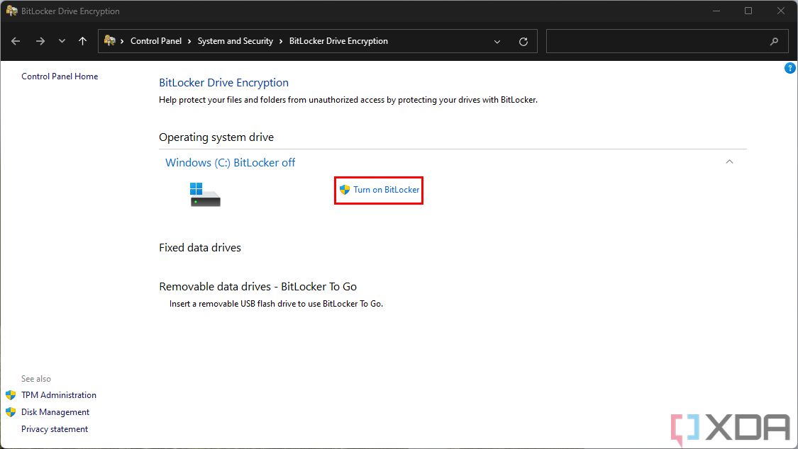 Screenshot of BitLocker Drive Encryption Settings on Windows 11 with option to turn on BitLocker highlighted