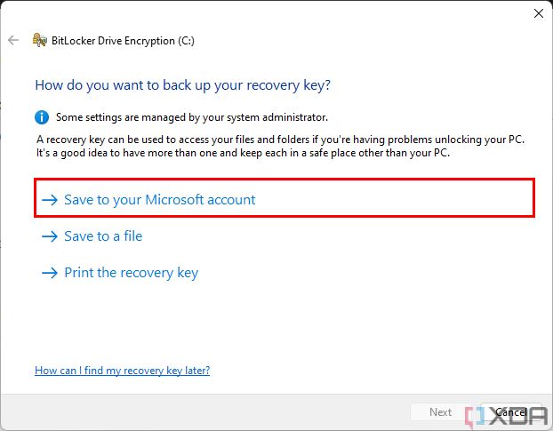 Screenshot of BitLocker setup asking the user where to save the recovery key. The Microsoft account option is highlighted.