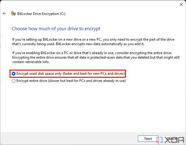 Screenshot of BitLocker setup asking the user whether to encrypt the entire drive or only used disk space.