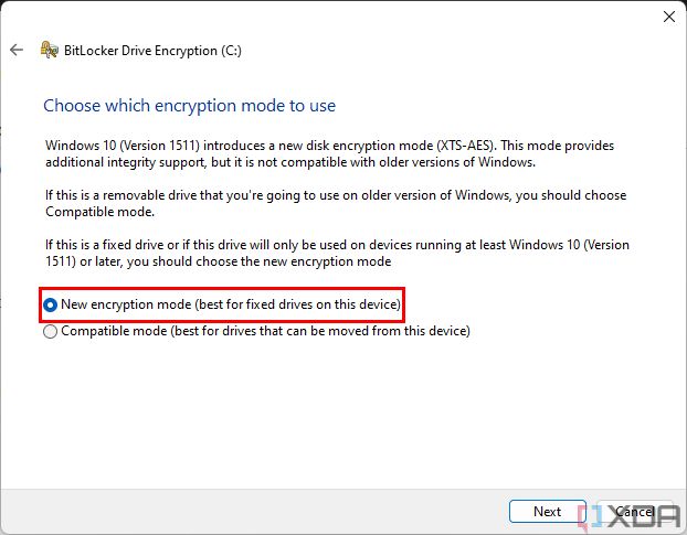Screenshot of BitLocker setup asking the user whether to use the new encryption mode or the compatible mode.