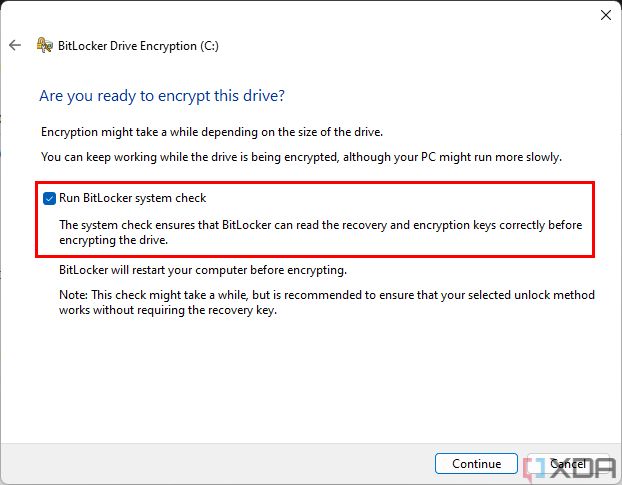 Screenshot of BitLocker setup with the option to run a BitLocker system check highlighted.