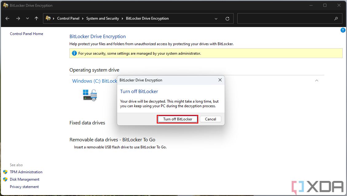 Screenshot of BitLocker drive encryption in Control Panel showing a confirmation prompt to turn off BitLocker.