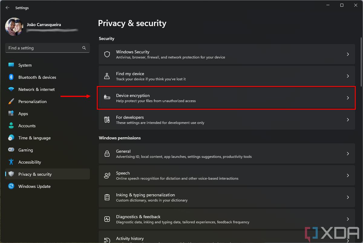 Screenshot of Privacy & security page in Windows 11 Settings app with Device encryption option highlighted