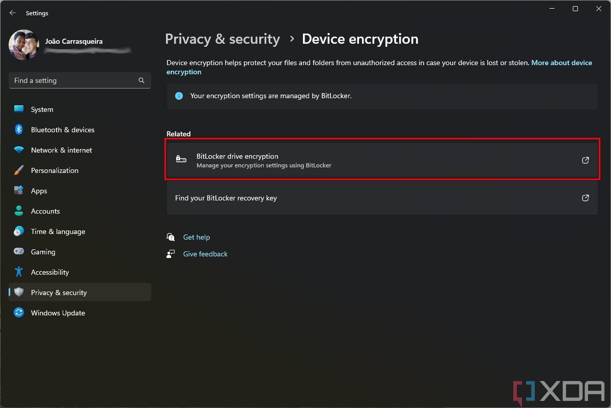 Screenshot of Device encryption settings with BitLocker encryption enabled