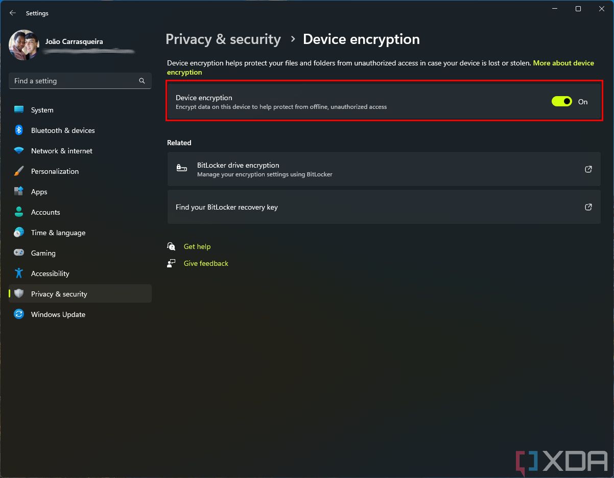 Screenshot of the Windows 11 Settings app with device encryption enabled