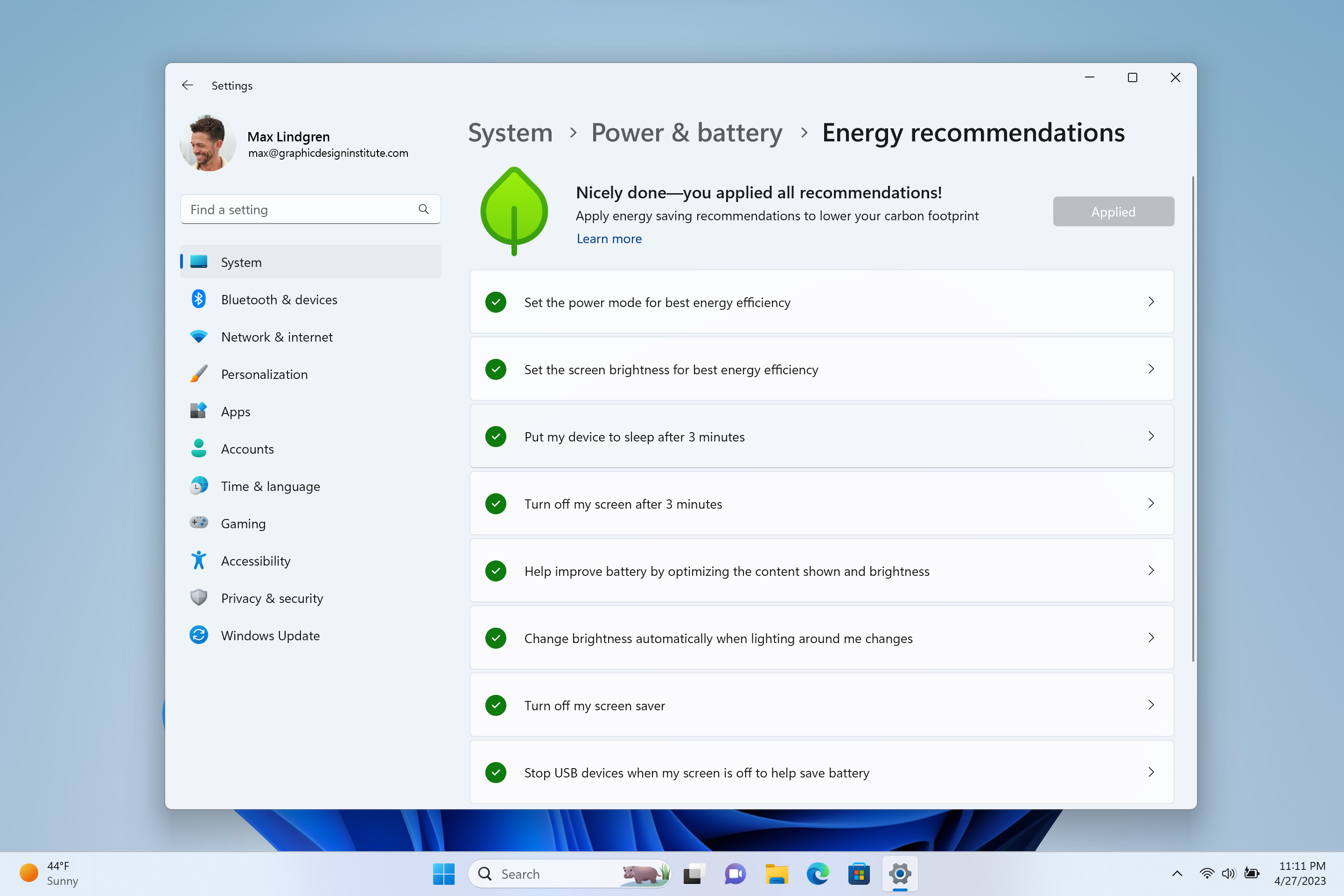 Captura de pantalla de la página Recomendaciones de energía en la aplicación Configuración de Windows 11