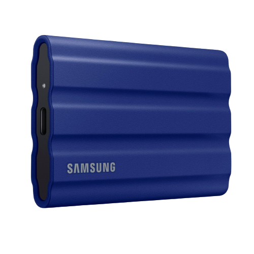 Front view of the Samsung T7 Shield Portable SSD External Drive, in blue 