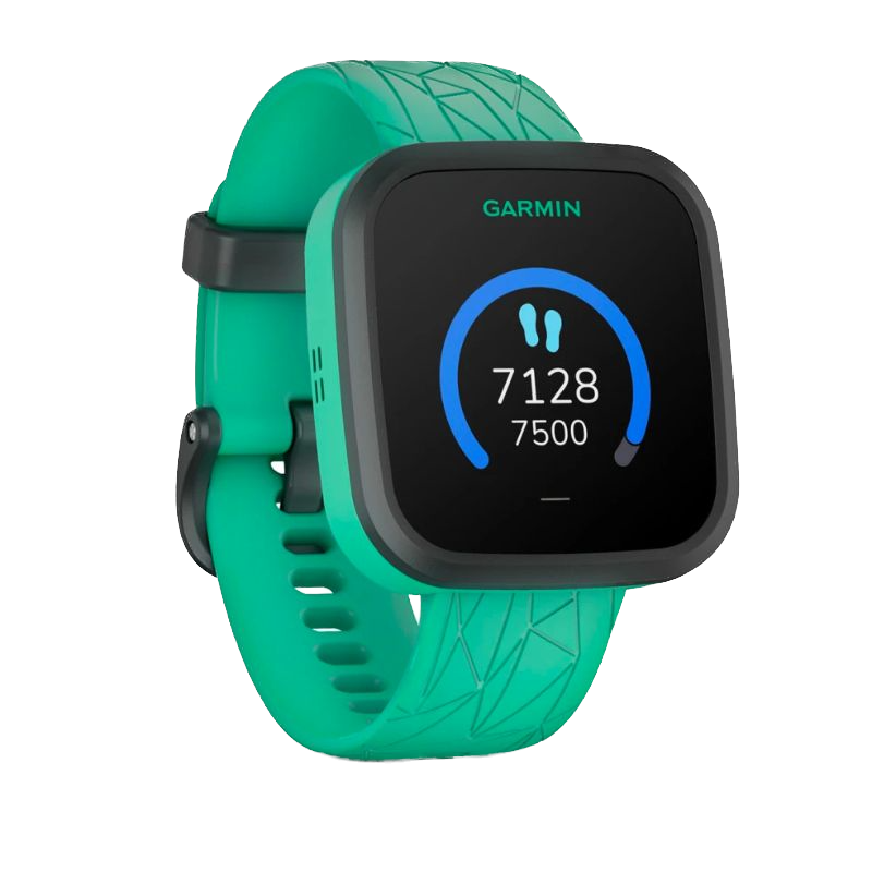 A render of the Garmin Bounce kids smartwatch with a green-colored band.