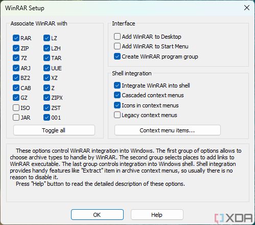Screenshot of the WinRAR setup, showing users a list of file formats that can be set to open in WinRAR, along with other settings