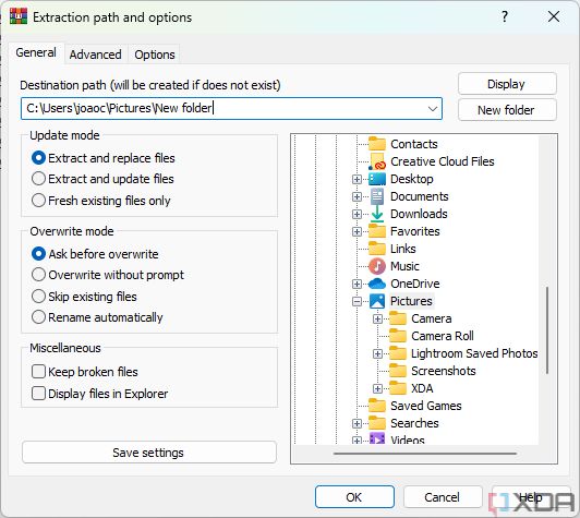 Screenshot of the extraction options dialog in WinRAR, showing a navigation tree to locate a folder where the files will be extracted to