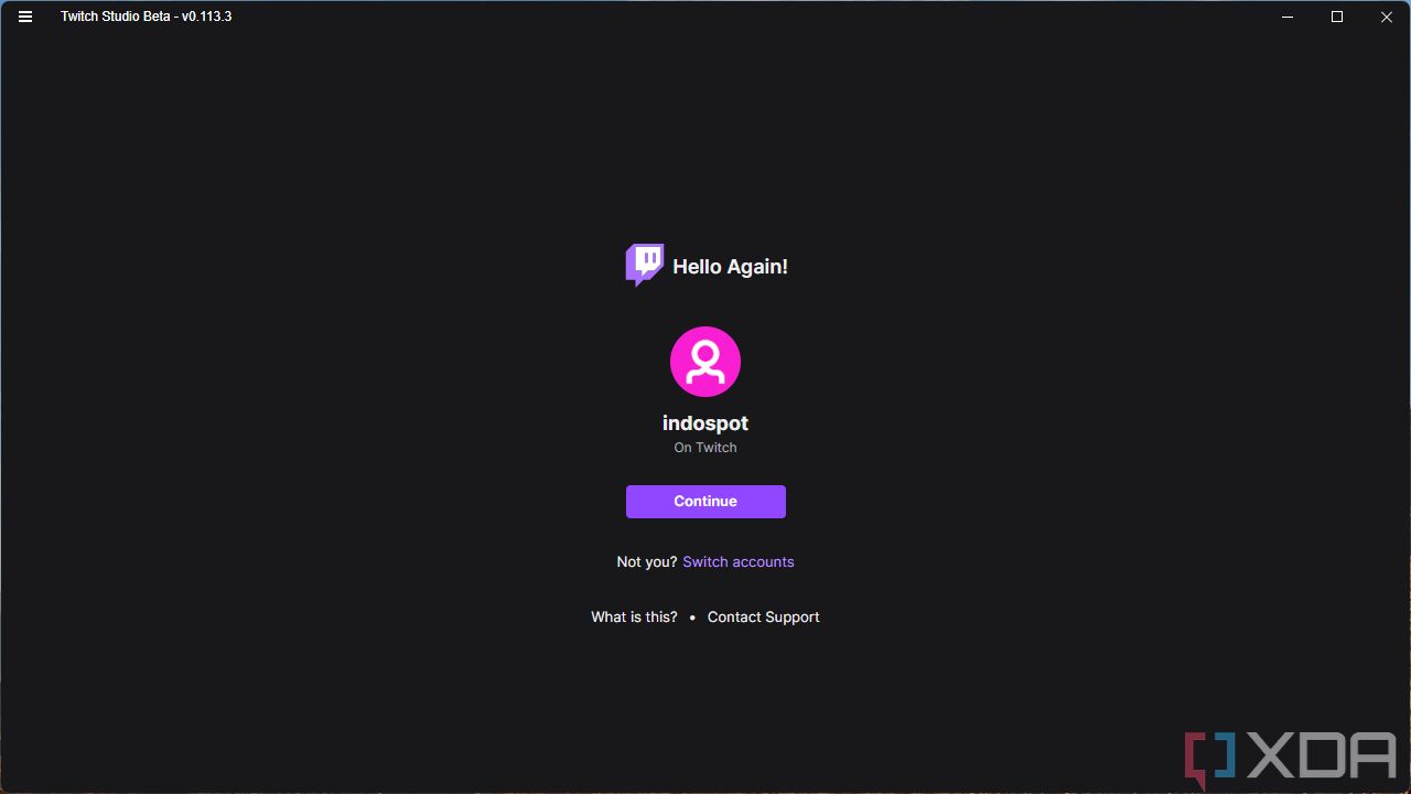 Twitch Studio setup page showing a linked Twitch account