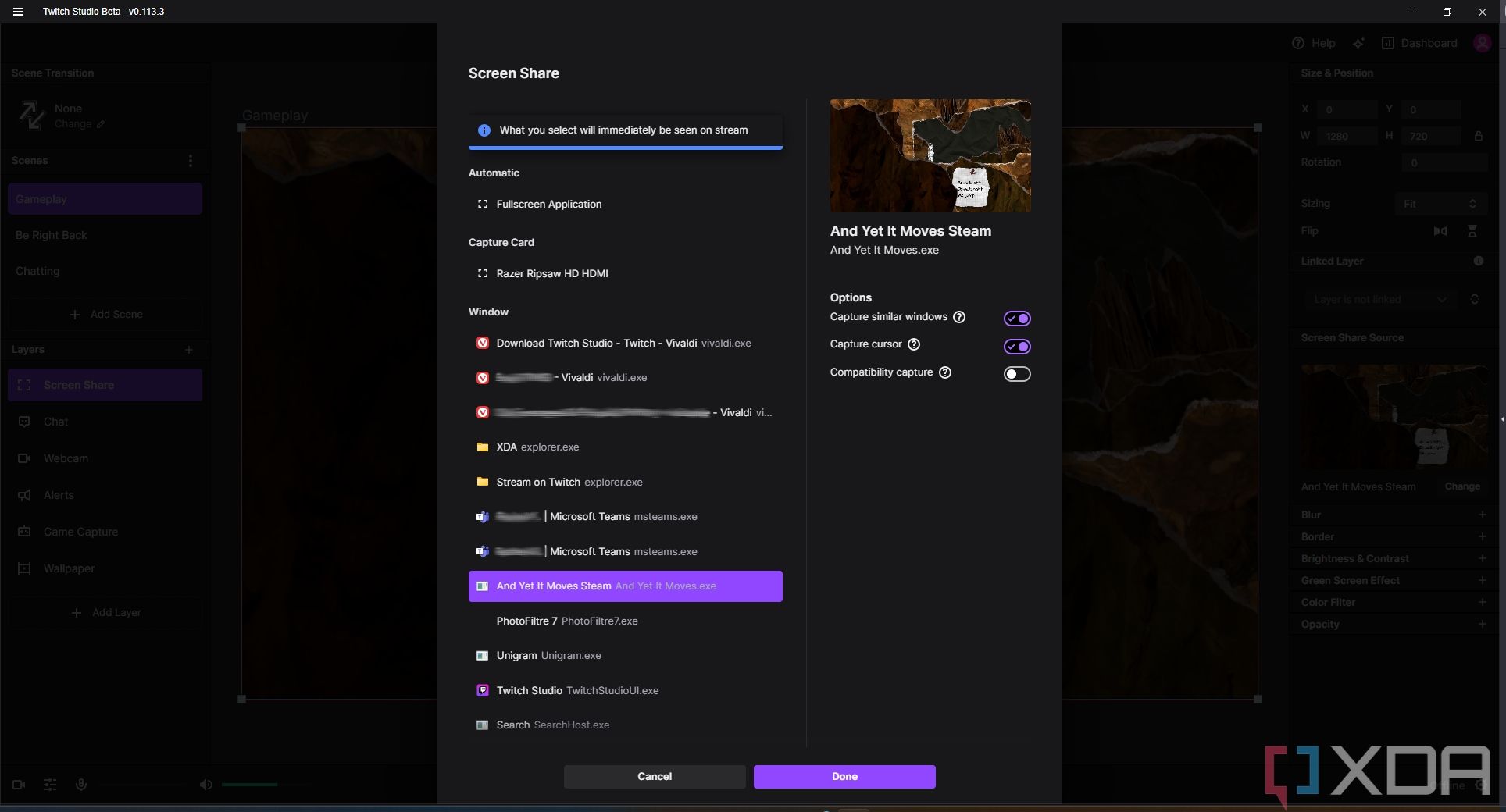 Screenshot of Twitch Studio when choosing a screen share source, including different monitors, apps, and capture cards