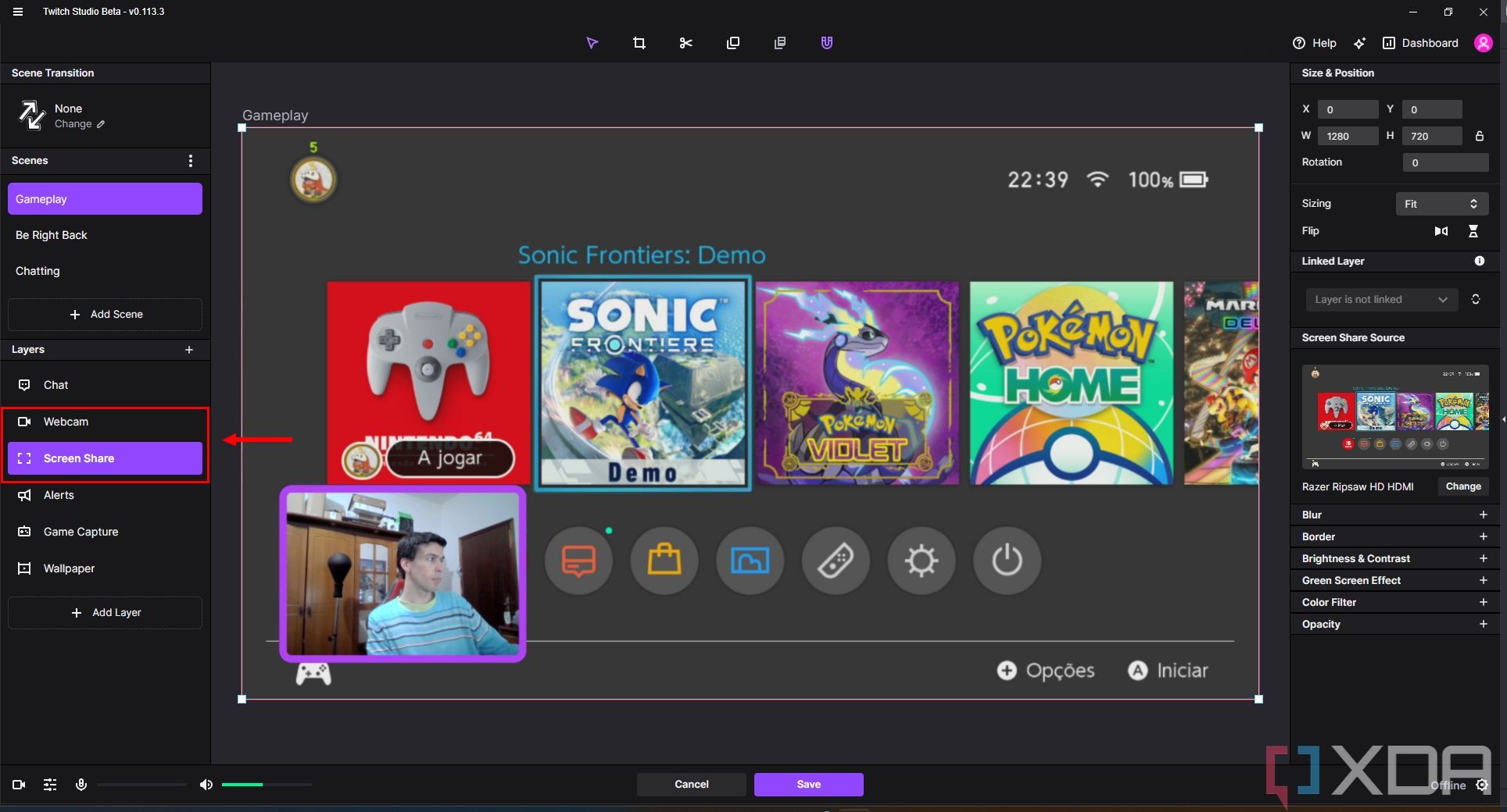 Screenshot of the stream interface in Twitch Studio with the webcam layer above the screen share layer