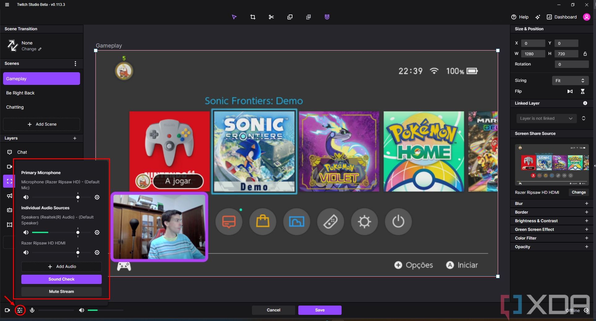 Screenshot of Twitch Studio showing the Audio Mixer panel in the bottom left corner