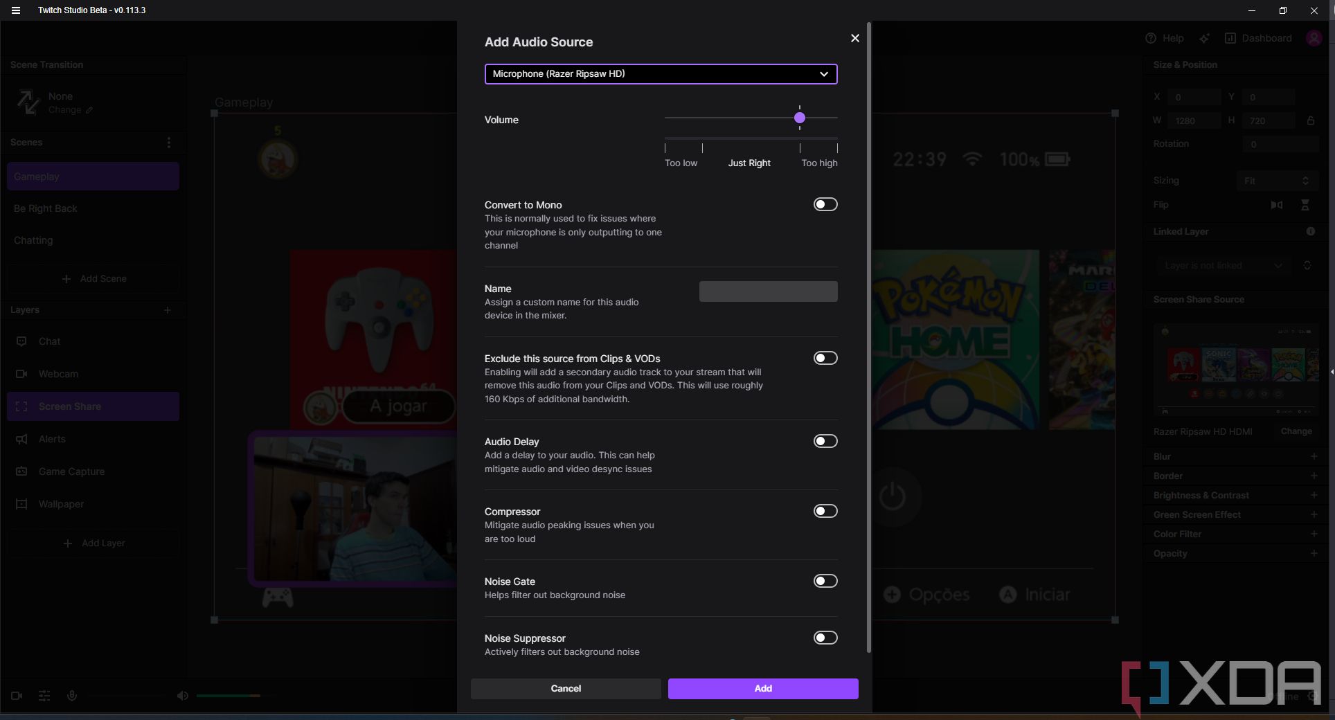 Screenshot of setting up a new audio source in Twitch Studio
