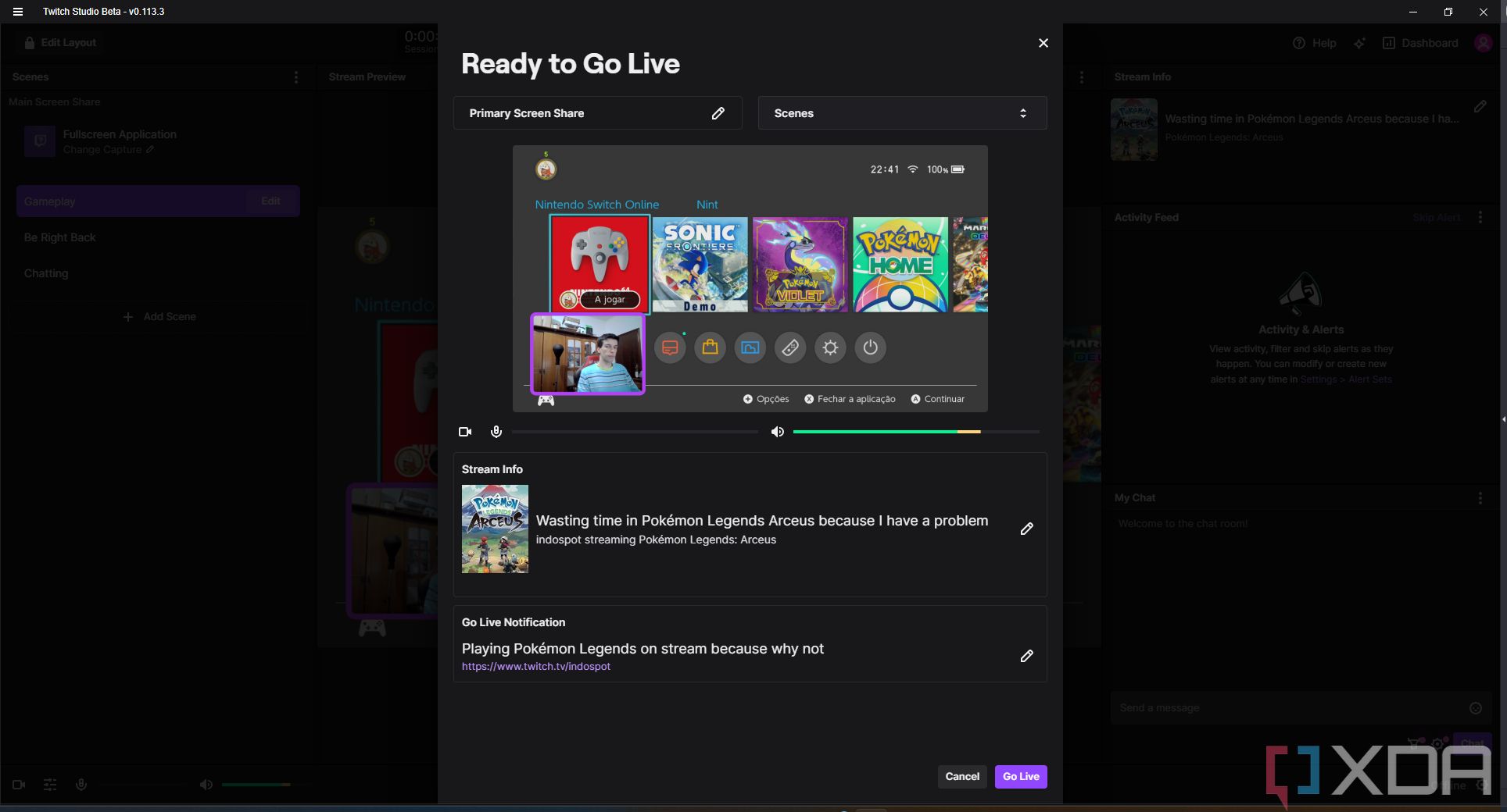 Screenshot of the Go Live screen in Twitch Studio with a view of the current scene and other stream information