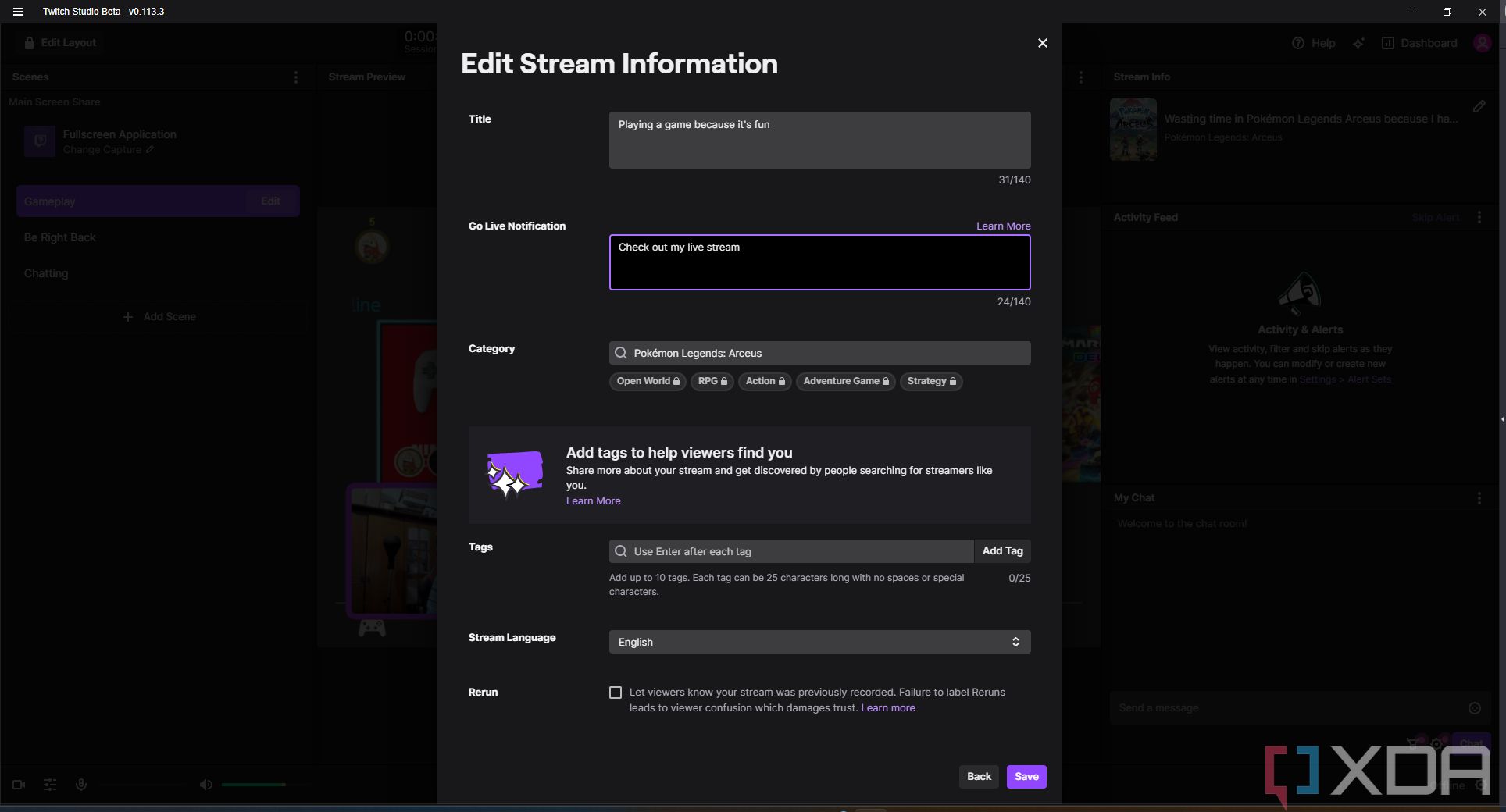 Screenshot of editing stream information in Twitch Studio