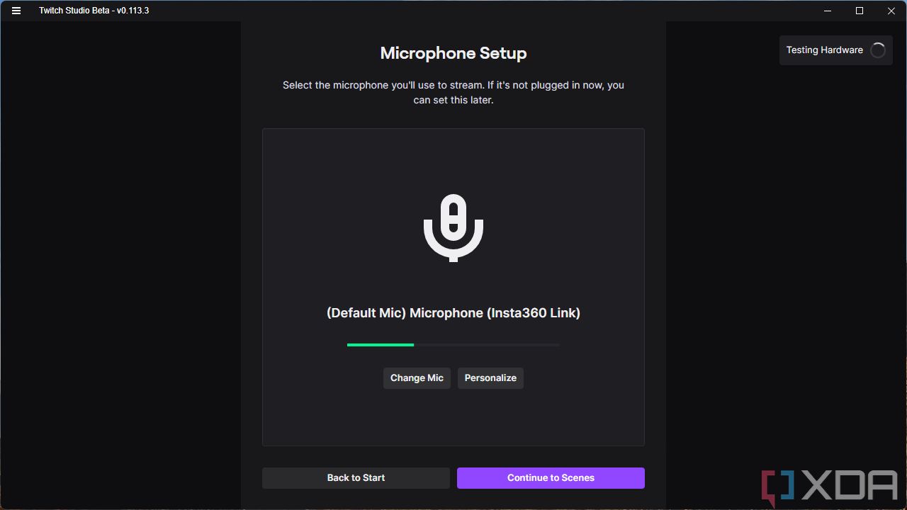 Screenshot of the Twitch Studio setup process showing the default microphone