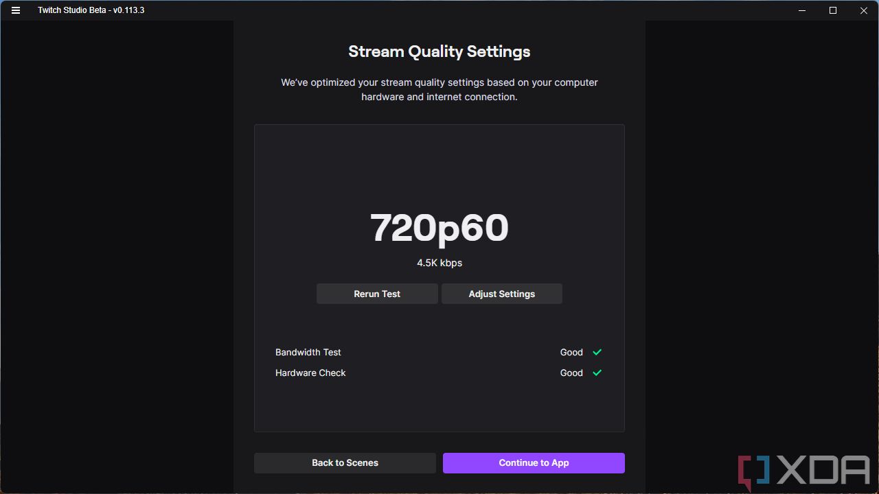Screenshot of Twitch Studio setup process showing the stream settings determined by the hardware and connection test.