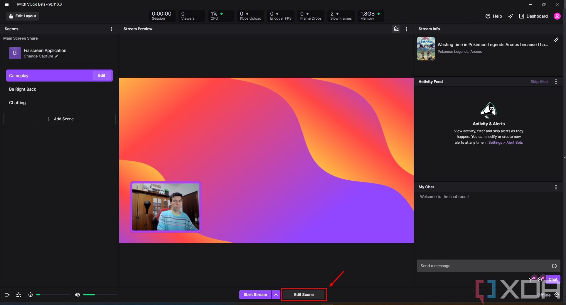 Screenshot of the stream interface in Twitch Studio with the Edit Scene button highlighted.