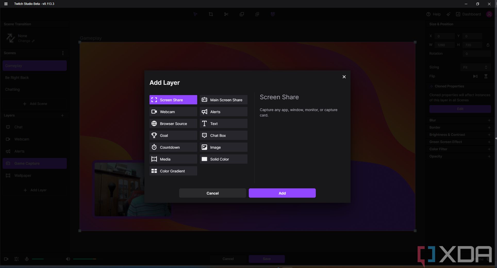 Screenshot of the Add Layer interface in Twitch Studio showing various types of soruces that can be added