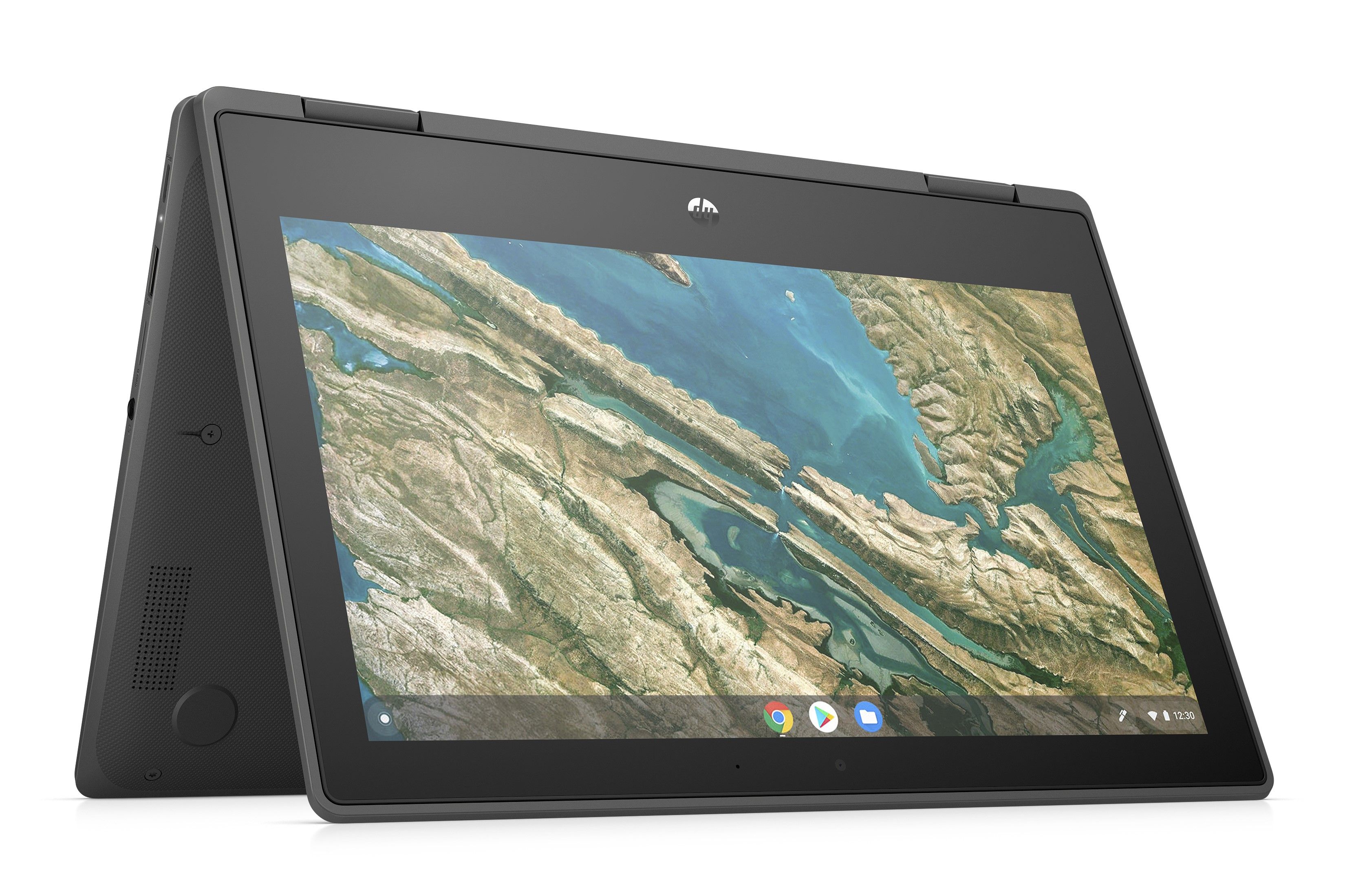 Angled front view of the HP Fortis x360 11inch G3 J Chromebook in tent mode facing right