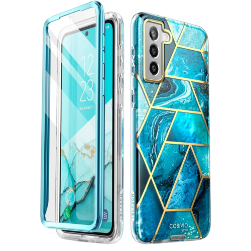 A render of the iBlason stylus case for the Galaxy S22 in blue color.