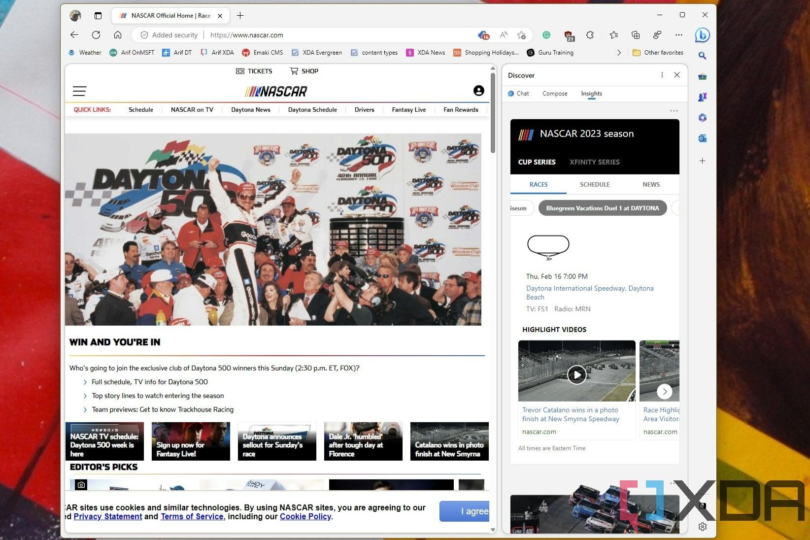 The NASCAR website open in the new Edge