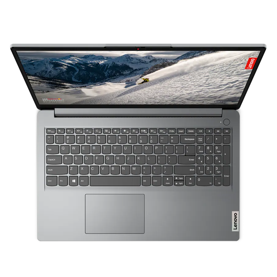 Vista aérea del Lenovo IdeaPad 1 en gris tormenta con la tapa abierta a 100 grados