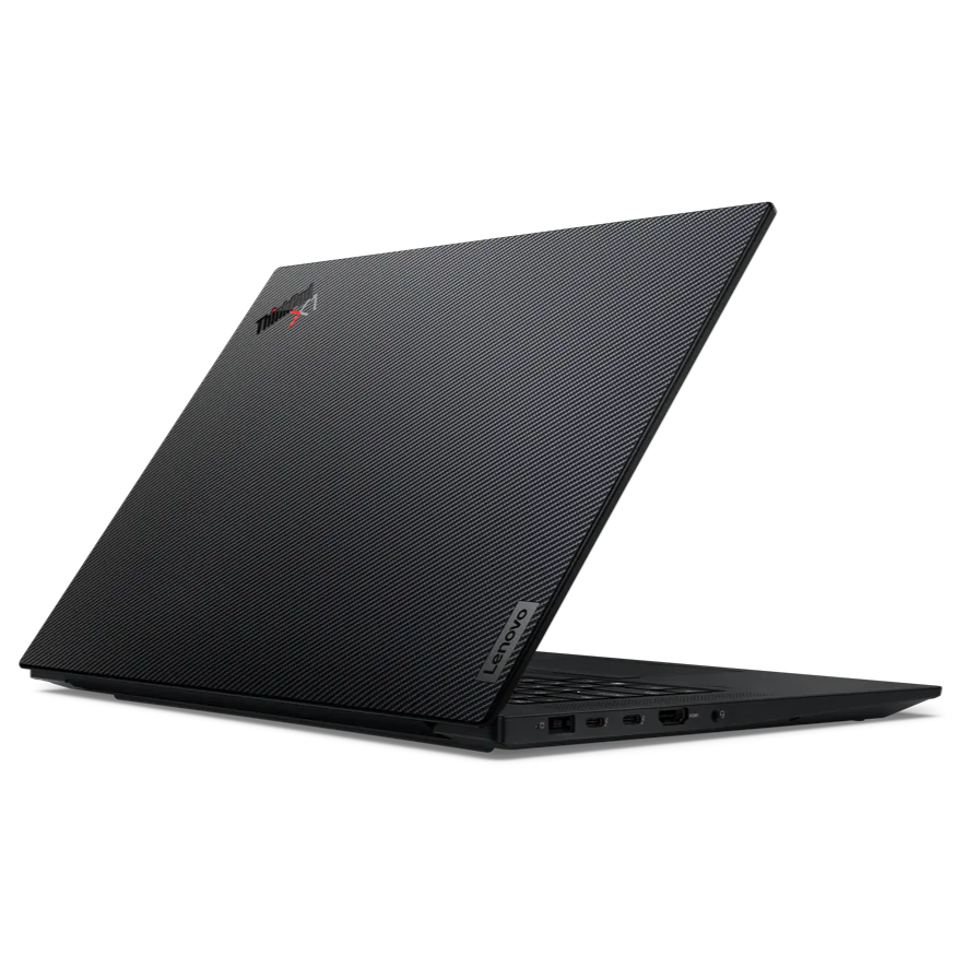Angled rear view of the Lenovo ThinkPad X1 Extreme Gen 5 facing right with a carbon fiber pattern on the lid