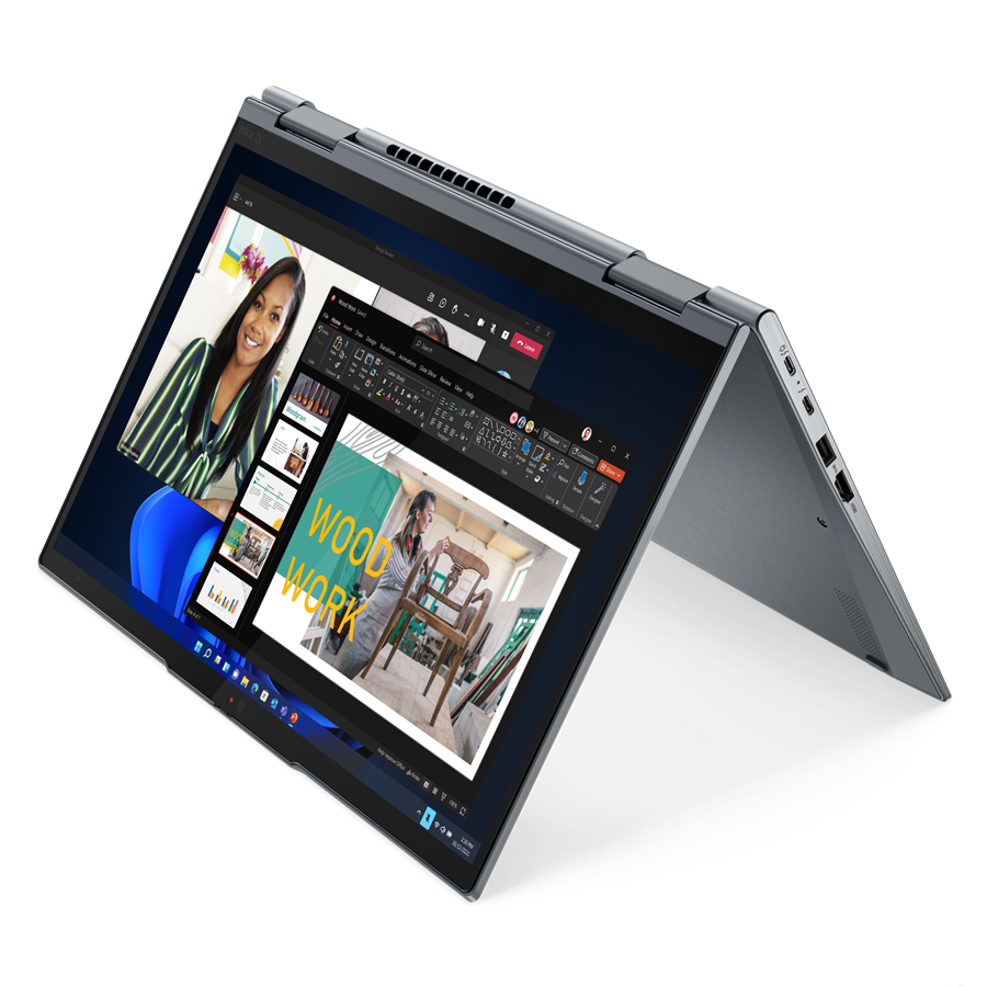 Angled front view of the Lenovo ThinkPad X1 Yoga Gen 7 facing left