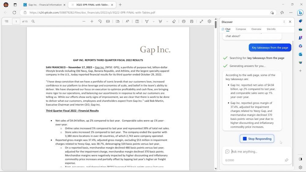 Screenshot of Bing integration in Edge to display relevant information from a PDF document