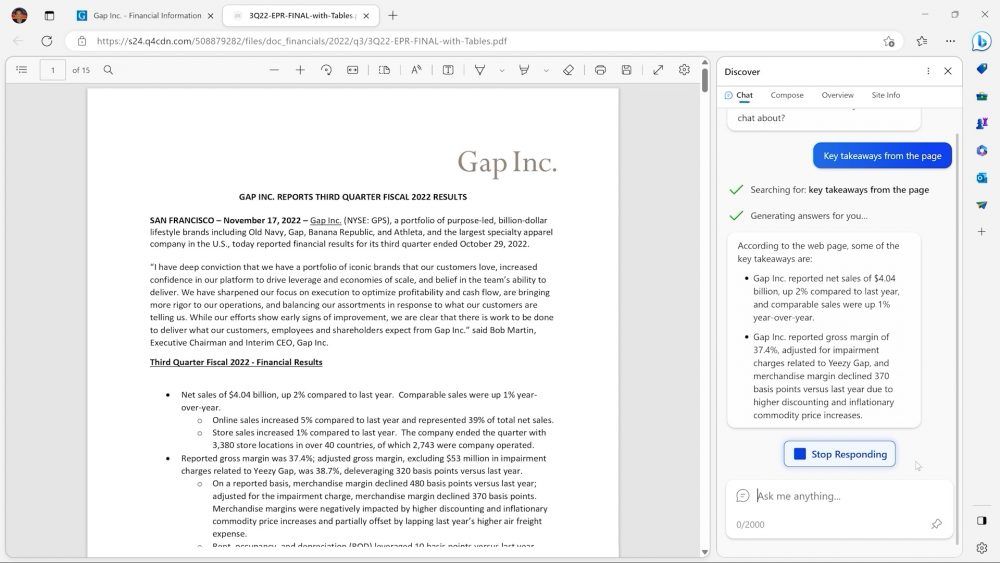 Screenshot of Bing integration in Edge surfacing relevant information from a PDF document