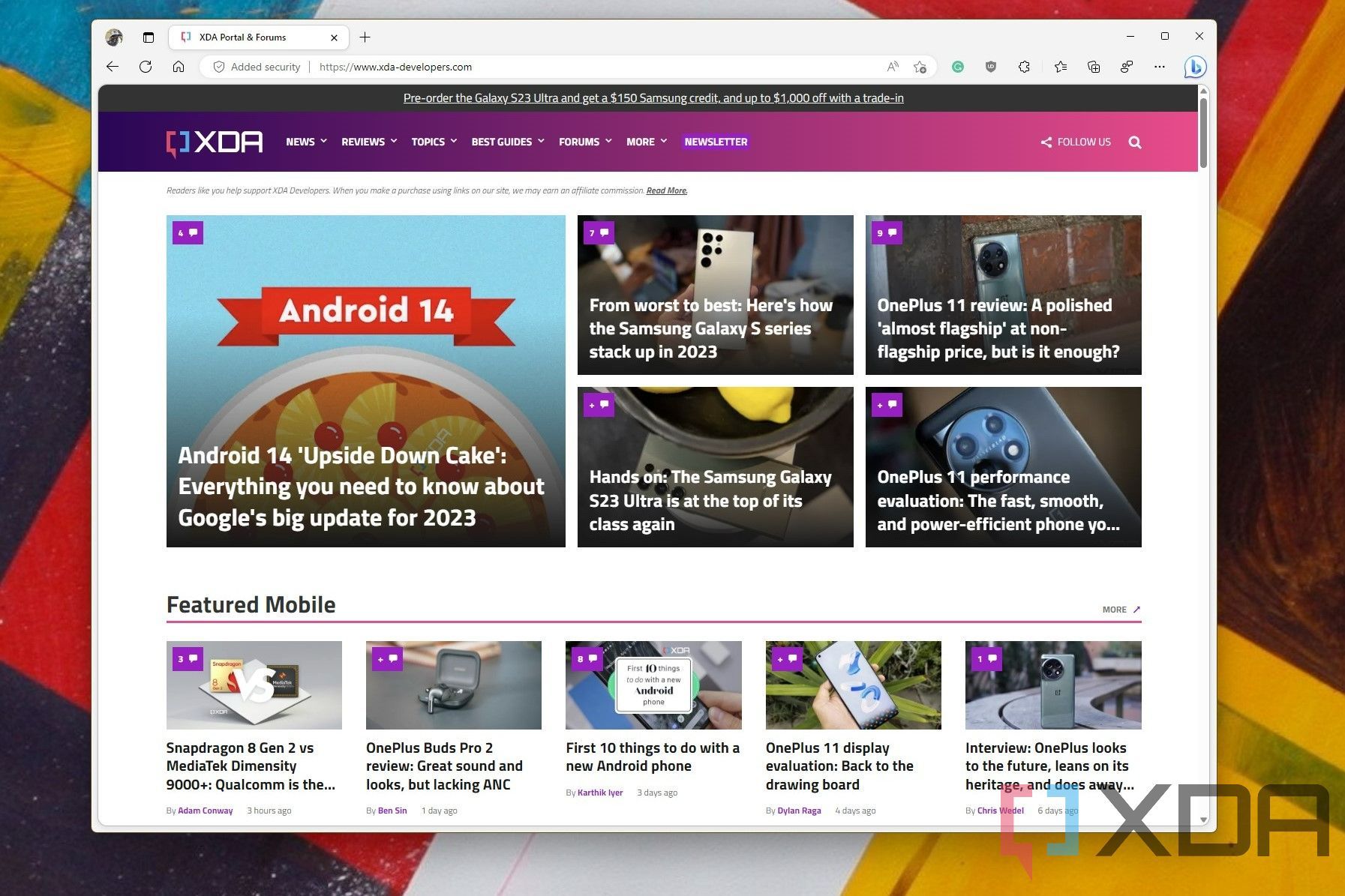 The XDA homepage open in Edge