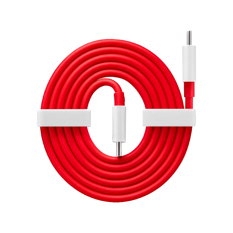 A render of the OnePlus SUPERVOOC charging cable in red color.