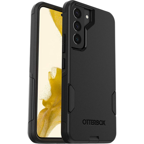 A render of the Otterbox Commuter series for Galaxy S22 in black color.