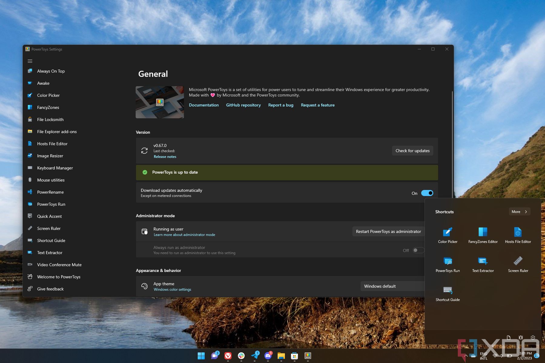 Screenshot of a Windows 11 desktop with PowerToys running and the quick launcher open
