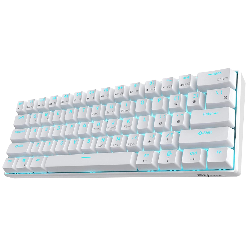 The Royal Kludge RK61 in white with blue backlit keys, at an angle