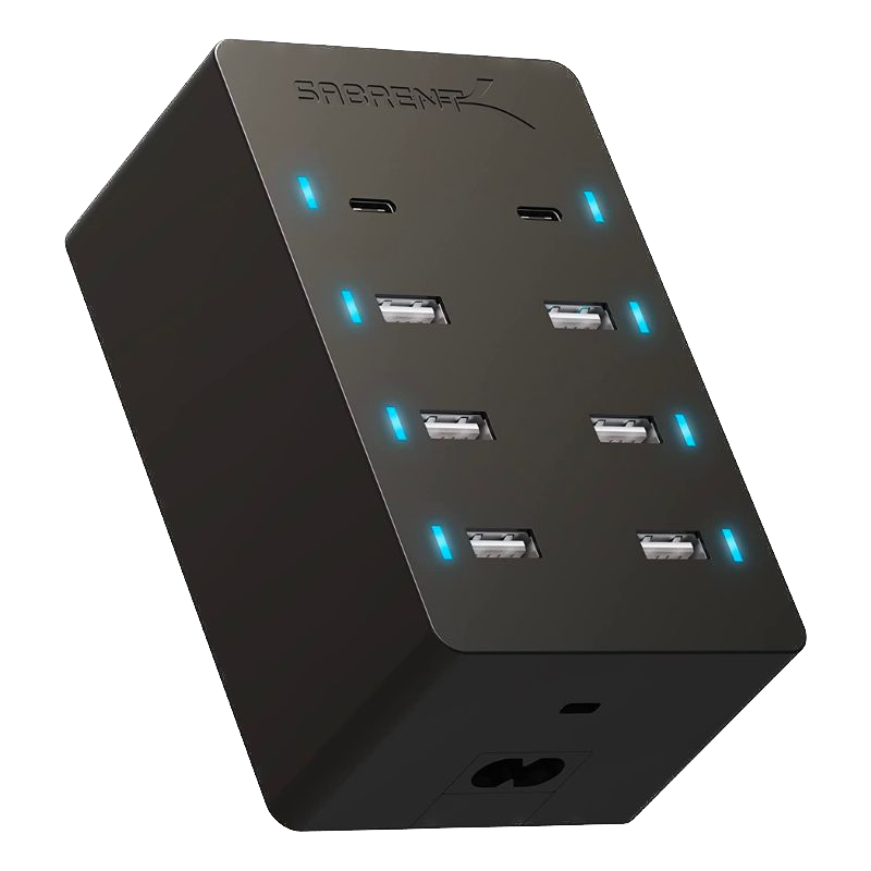 A render of the Sabrent 8 port charger in black color.