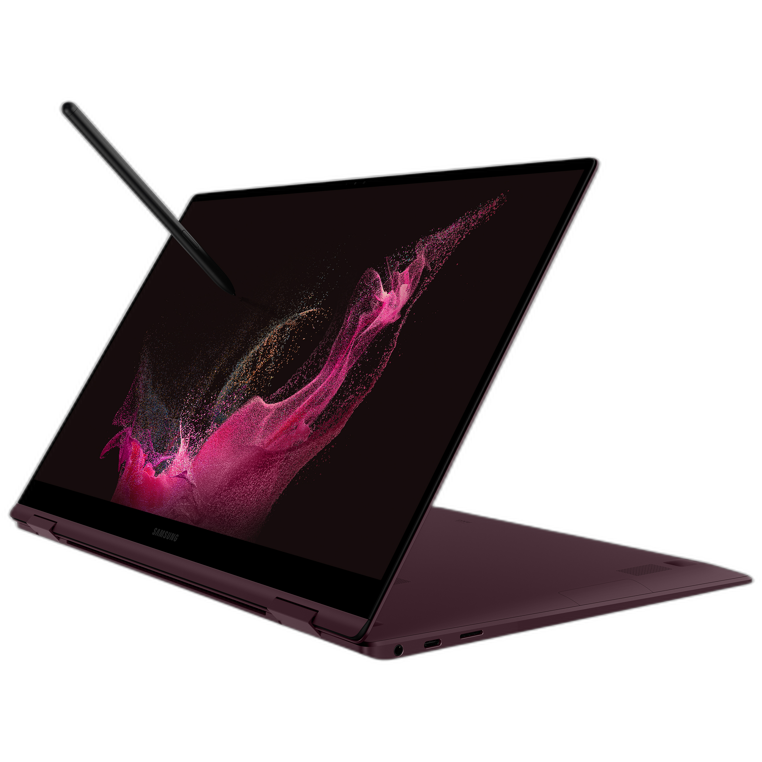 Samsung Galaxy Book 2 Pro 360 laptop in stand mode with an S Pen on the screen