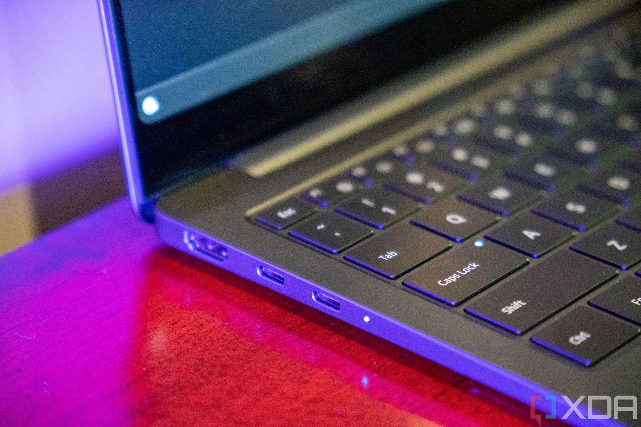 Angled view of laptop with two USB Type-C and one HDMI port