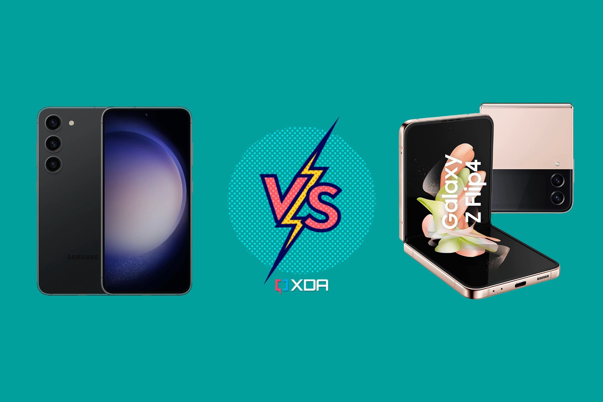 A illustration to show the Samsung Galaxy S23 vs Galaxy Z Flip 4 comparison.