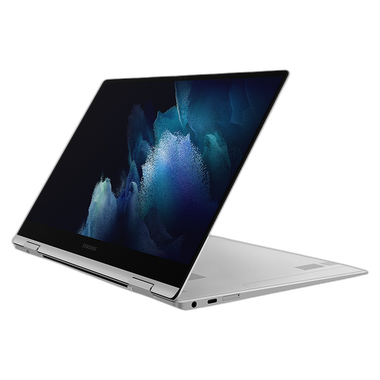 Front angled view of the Samsung Galaxy Book Pro 360 5G in stand mode facing left