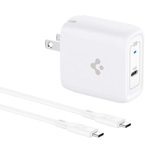 A render of the Spigen 45W GaN charger in white color.