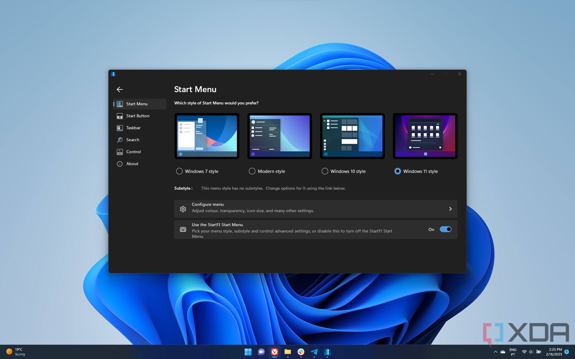 Screenshot of Start11 settings on a Windows 11 desktop