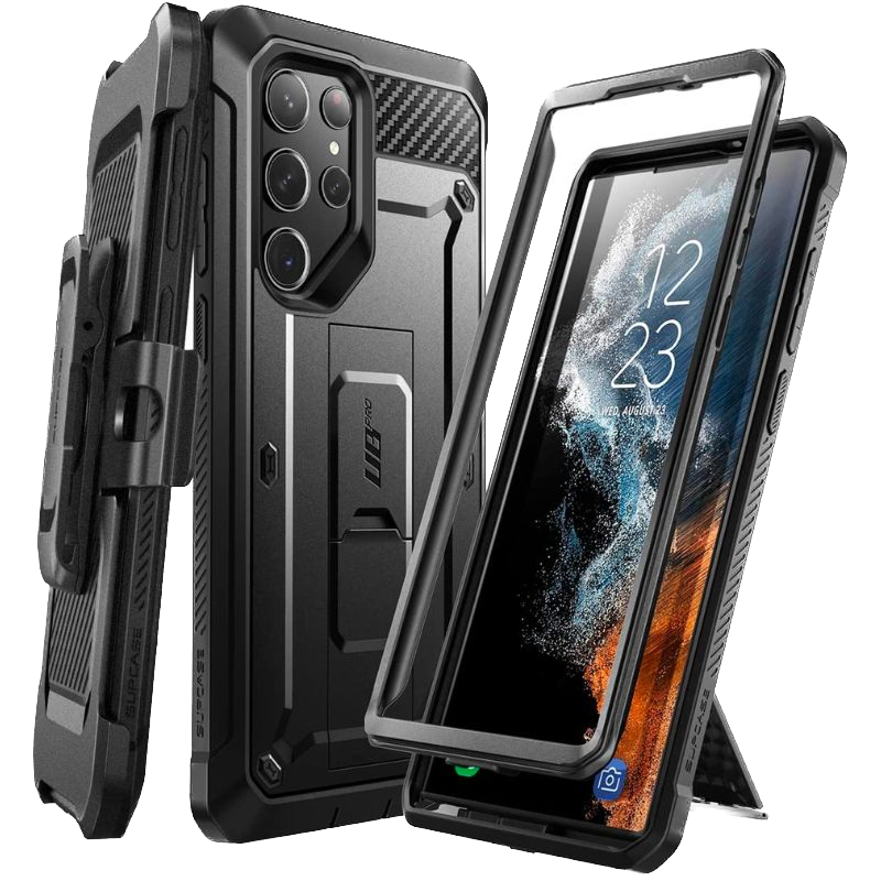 A render of the SUPCASE UB Pro case for the Samsung Galaxy S23 Ultra over a white-colored background.
