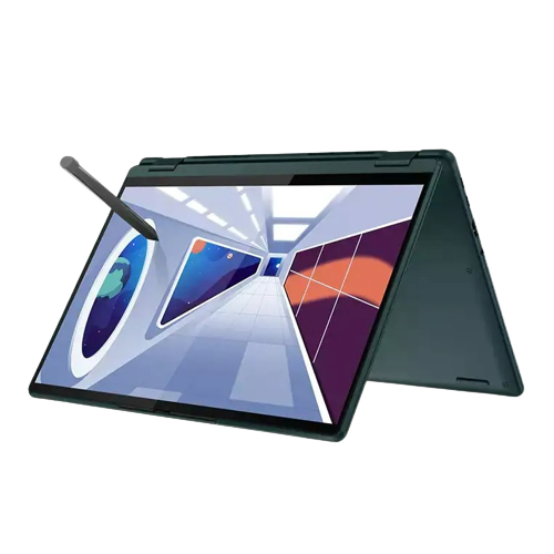 Angled front view of the Lenovo Yoga 6 in tent mode facing left